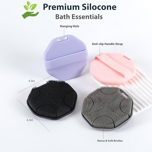 MtBoi 2 Pack Silicone Exfoliating Body Scrubber with Handle, Soft Silicone Loofah for Sensitive Skin, Body Brush & Shower Head Massager with Hanging Loop, Easy to Clean, Rich Lather (Black&Purple) - color: Black&purple