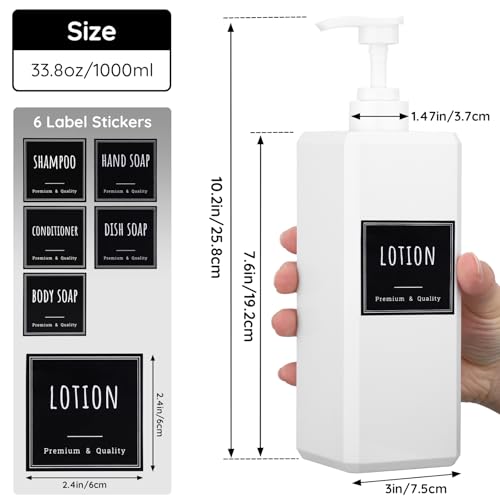 Segbeauty 33.8oz Plastic Soap Dispenser Bathroom, 2pcs Sqaure Body Wash Container Empty, 1000ml White Leakproof Hand Soap Dispenser, Large Pump Bottles for Shampoo and Conditioner with Labels - color: White, style: 2pcs