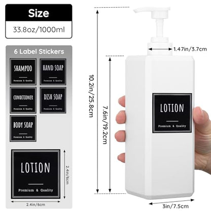 Segbeauty 33.8oz Plastic Soap Dispenser Bathroom, 2pcs Sqaure Body Wash Container Empty, 1000ml White Leakproof Hand Soap Dispenser, Large Pump Bottles for Shampoo and Conditioner with Labels - color: White, style: 2pcs