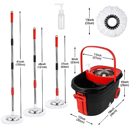 Mop Bucket Set with Wringer, Swivel Stainless Steel Mop Bucket with Wheels, 3 Microfiber Replacement Mop Heads, Stainless Steel Telescopic Handle Floor Mop, Wash Bottle - color: Black-2