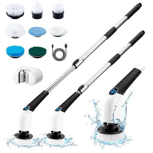 Electric Spin Scrubber, 2024 New Cordless Cleaning Brush with 8 Replaceable Brush Heads, Power Shower Scrubber Long Handle, Extendable Handheld Electric Scrubber for Bathroom Floor Tub Tile