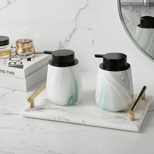 12Oz Foam Hand Soap Dispenser - Modern Ceramic Foaming Soap Dispenser with Easy-to-Press Pump, Reusable and Refillable Liquid Dish Soap Dispensers for Bathroom & Kitchen, Marble Green - color: Marble Green, style: Foam Pump