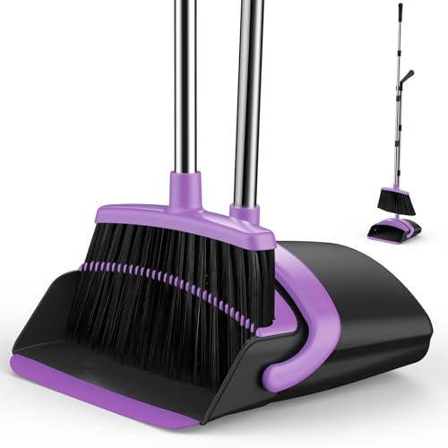 Broom and Dustpan Set for Home, 51-in Long Adjustable Handle Angle Broom and Dustpan Combo Set with Dust Pan Teeth to Clean Hair for Home Kitchen Office Lobby Floor Garden (Black&Purple) - color: Black Purple