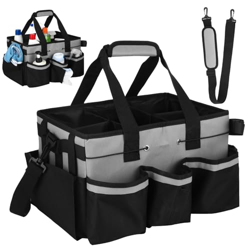 Wearable Cleaning Caddy Bag, Large Housekeeping Supply Organizer with Adjustable Shoulder Strap, Waist Strap and Handle, 600D Oxford Cleaning Tote with Dividers for Kitchen, Car Detailing, Black Gray