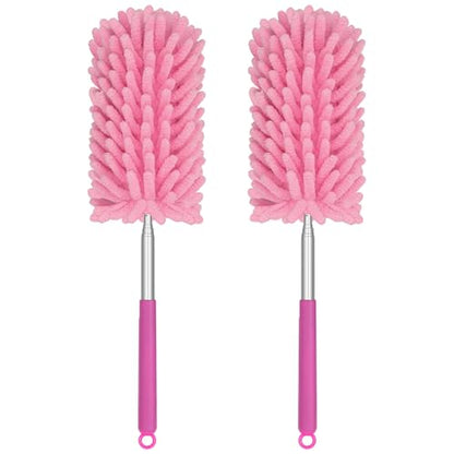 Mini Duster for Cleaning, 360° Bendable Hand Dusters with Extension Pole, Washable Small Duster for Car Interior, Office, Furniture - color: 2 Pack Pink
