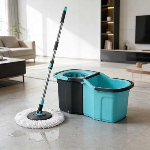 Spin Mop and Bucket System for Floor Cleaning - 360° Rotating Mop with Detachable Bucket - 2 Machine Washable Microfiber Heads - Stainless Steel Handle for Hardwood, Tile, and Laminate