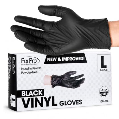 ForPro Disposable Vinyl Gloves, Industrial Grade, Powder & Latex Free, Non-Sterile, Food Safe, 2.75 Mil Palm, 3.9 Mil Fingers - color: Black, size: Large (Pack of 100)
