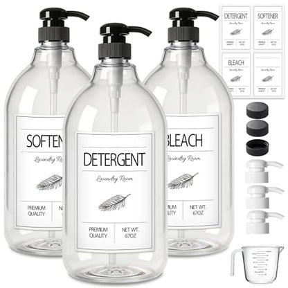 GMISUN Laundry Detergent Soap Dispenser, Liquid Laundry Detergent Dispenser, Container for Farmhouse Laundry Room Decor, Organizer for Liquid SoftenerBleach Heavy Duty Plastic Bottle(64 Oz 3 Pack)