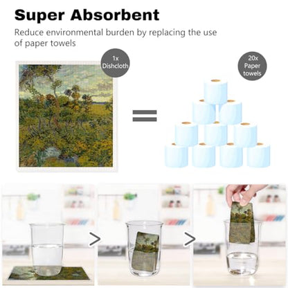 5 Pcs Oil Painting Swedish Dishcloths, Tree & Flower Swedish Dishcloth, Classic Art Dish Cloths for Drying Dishes, Reusable Cleaning Cloths, Housewarming Gifts for Women 2 - color: Lm 03423