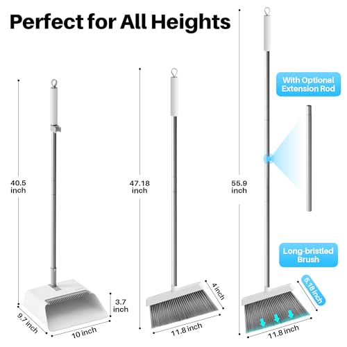 JOYMOOP White Broom and Dustpan Set, Upright Angle Design with Built-in Comb Teeth for Kitchen, Office, Pet Hair, Hard Floors - color: White & Grey