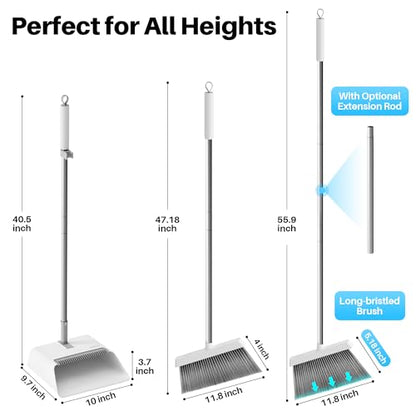 JOYMOOP White Broom and Dustpan Set, Upright Angle Design with Built-in Comb Teeth for Kitchen, Office, Pet Hair, Hard Floors - color: White & Grey