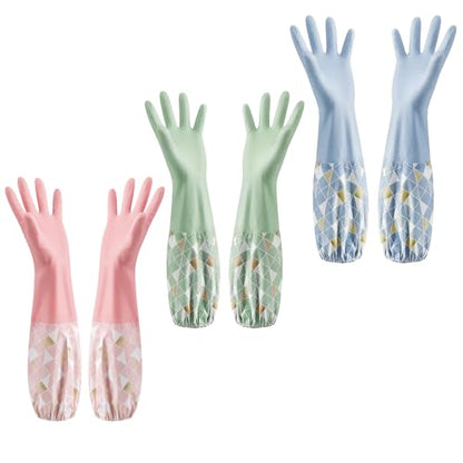 Dishwashing Cleaning Gloves with Cotton Lined, 3 Pairs | Reusable, Waterproof, Non-Slip, Elbow Length, Latex-Free Household Glove For Laundry Cleaning Working Gardening