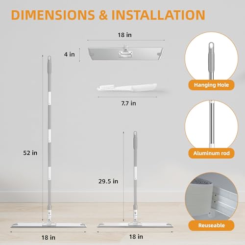 Flat Microfiber Mop for Floor Cleaning, 18 inch (17.7 in/45 cm) Aluminum Base, Adjustable Stainless Steel Handle 29.5 to 52 in, 360-Degree Swivel, Dry & Wet, 4 Washable Pads - LJGG - size: 17.7 INCH