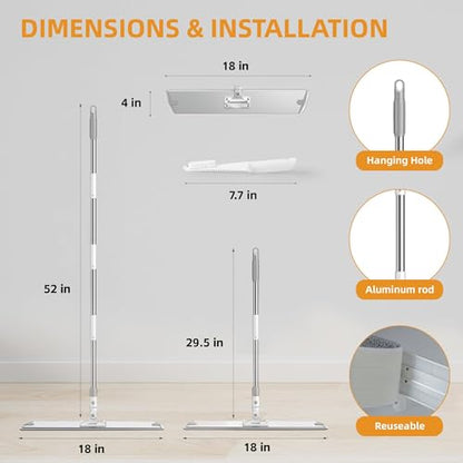 Flat Microfiber Mop for Floor Cleaning, 18 inch (17.7 in/45 cm) Aluminum Base, Adjustable Stainless Steel Handle 29.5 to 52 in, 360-Degree Swivel, Dry & Wet, 4 Washable Pads - LJGG - size: 17.7 INCH