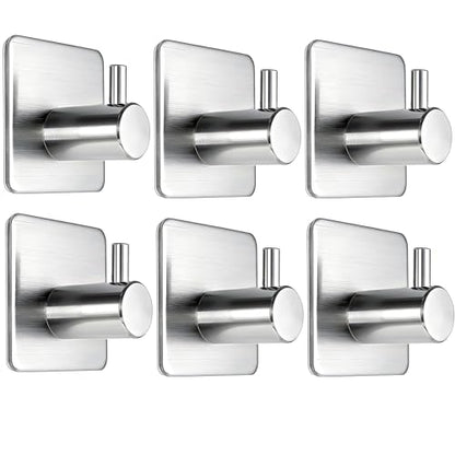 Fotosnow Adhesive Wall Hooks, 15lbs Stainless Steel Heavy Duty No Drill Towel Hooks for Bathroom Kitchen Entryway Dorm-6 Packs - color: Silver-6 Pack