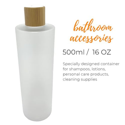 Empty Cosmetic Bottles 16oz/500ml with Bamboo Disc Top Flip Cap for Shampoo Lotion Liquid Soap,Cream,Refilable Plastic Squeeze Travel Size Toiletry Bottles Frost Clear - color: Frost Clear, size: 16.9 Ounces