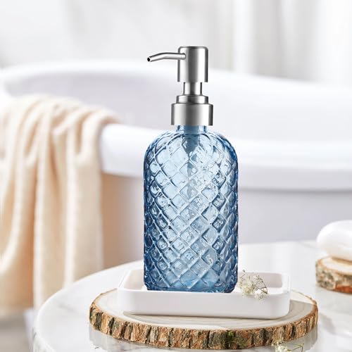 Kaishun 14 OZ Refillable Glass Soap Dispenser for Hand Soap & Lotion, Blue - color: Blue
