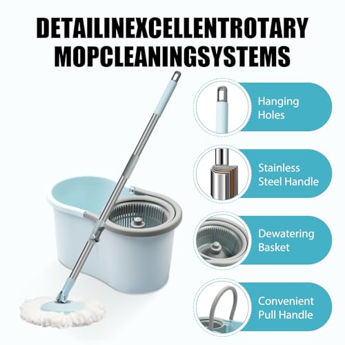 Spin Mop and Bucket with Wringer Set,360° Mop and Bucket System with 3 Microfiber Mop Refills and 50" Extended Handle for Floor Cleaning