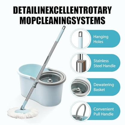 Spin Mop and Bucket with Wringer Set,360° Mop and Bucket System with 3 Microfiber Mop Refills and 50" Extended Handle for Floor Cleaning