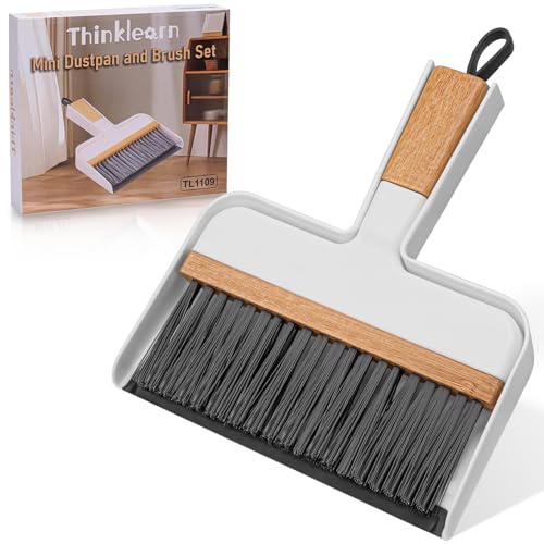 ThinkLearn Mini Dustpan and Brush Set, Bamboo Handle with Rubber Lip | Small Handheld Cleaning Set for Tight Spaces, Small Broom Dustpan for Home Car Camping - color: White
