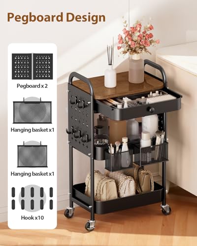 ALVOROG Rolling Cart with Drawer and Wood Table Top, 3 Tier Metal Rolling Utility Cart on Wheels with DIY Pegboards, Hanging Baskets, Hooks for Bedroom,Office,Craft Supplies - color: Black