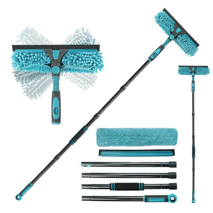 62" Window Squeegee, 2 in 1 Window Cleaning Tool with Telescopic Pole, Rotatable and Bendable Head for High Windows Indoor Outdoor, Includes 2 Blades & 2 Pads (Microfiber+Pads)