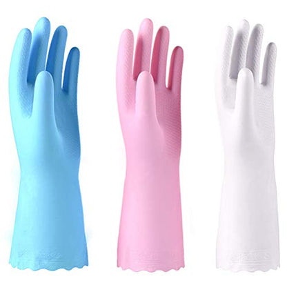 Alimat PluS 3 Pack Reusable Cleaning Gloves Latex Free, Dishwashing Gloves with Cotton Flock Liner and Embossed Palm, Waterproof Household Gloves for Laundry, Gardening (Small) - color: Blue+pink+white, size: Small (Pack of 3)