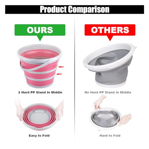 GLSOWEE Car Collapsible Bucket, 10L 2.6 Gallon Folding Bucket Auto Cleaning Plastic Water Bucket, Foldable Portable Bucket Space Saving for Indoor Outdoor Car Wash Garden Camping (Pink)