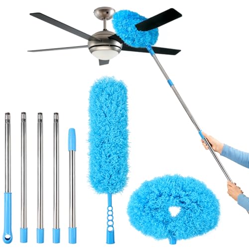 Ceiling Fan Cleaner Duster Reusable Microfiber Removable Duster with Extension Pole Adjusts 12 to 71 Inch for Cleaning Walls Bookshelves Furniture Door Window Top (Blue) - size: 12-71inch-7pcs