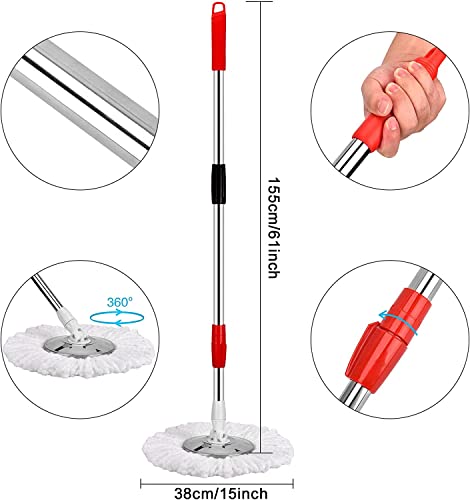 Mop and Bucket Set, 360° Spin Mop and Bucket with Wringer Set and 6 Microfiber Mop Refills, Stainless Steel 61" Extended Handle Spinning Mop Bucket System for Floor Cleaning (2 Sets) - color: Black*2
