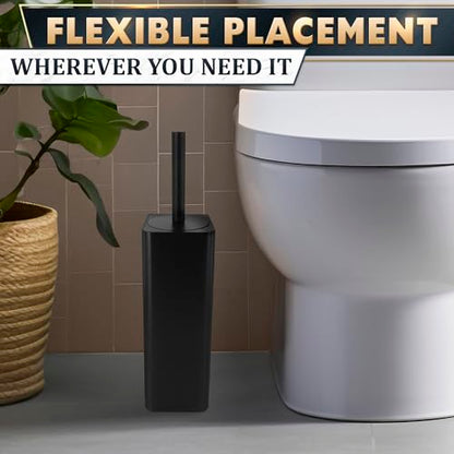 Black Toilet Brush and Holder Set - Slim Matte Design that Fits Anywhere - Stainless Steel Toilet Bowl Brush and Holder with 2 Rounded Corners, Replaceable Head, Removable Inner Bowl & Splash Guard - color: Black Squircle