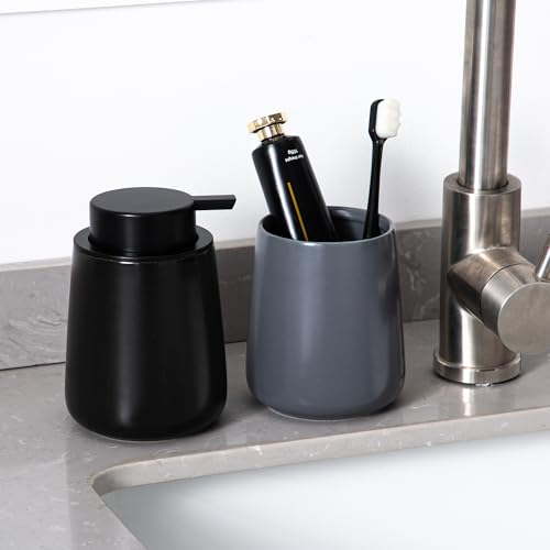 Enra Grey Soap Dispenser,12 oz Ceramic Hand Lotion Dispenser, Refillable Dish Soap Dispenser,Modern Liquid Soap Dispenser for Bathroom,Kitchen with Easy-to-Press Pump (Liquid-Gray) - color: Liquid-grey