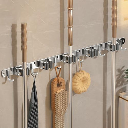 Wall-Mounted Broom Holder Stainless Steel Mop Storage Rack Laundry Room Storage Solution Suitable for Kitchens, Gardens, Garages (Silver: 5 clips with 6 hooks) - color: Silver: 5 clips with 6 hooks
