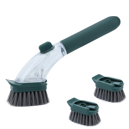 DAPOWER Soap Dispensing Dish Brush with Handle, Kitchen Scrub Brush for Dishes Pots Pans Sink Cleaning (Dark Green) - color: Dark Green