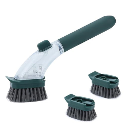 DAPOWER Soap Dispensing Dish Brush with Handle, Kitchen Scrub Brush for Dishes Pots Pans Sink Cleaning (Dark Green) - color: Dark Green