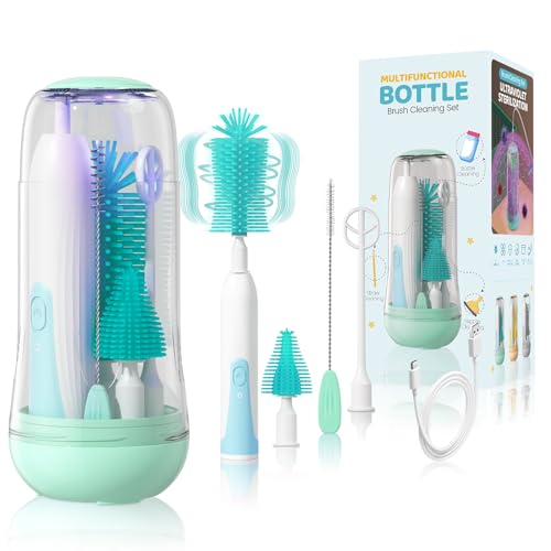 IvyWind Electric Travel Baby Bottle Brush Set with Storage Box, Automatic Bottle Cleaner Brush Kit with Silicone Bottle/Nipple/Straw Brush, Milk Frother Electric and Drainage Rack, Rechargeable, Green - color: Green