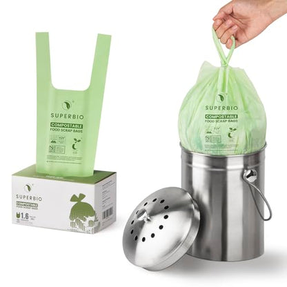 SUPERBIO 1.6 Gallon Handle Tie Compostable Food Scrap Bags For Counter Top Compost Bin, Small Compost Bags, 50 Count, 6 Liter, BPI & OK compost INDUSTRIAL Certified - color: 1.6 Gallon Handle Tie, 50 Count