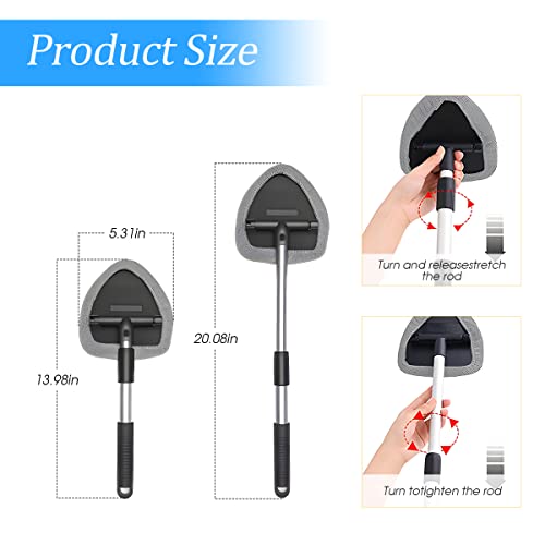 Windshield Cleaning Tool, Car Window Cleaner with Extendable Long Handle and 4 Washable Reusable Microfiber Pads, Auto Interior Exterior Glass Wiper Cleaning Kit Universal for Office and Home (Gray) - color: Gray