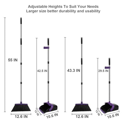 Broom and Dustpan Set, Large Household Dustpans and Broom with 55 Inch Long Handle, Pueple Broom with Dustpan Combo Set for Home - color: Purple, size: Large