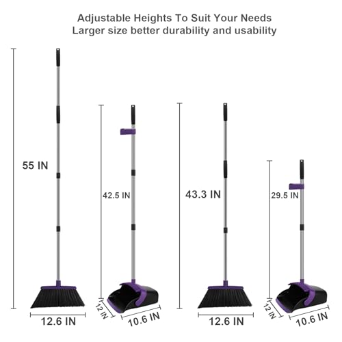 Broom and Dustpan Set, Large Household Dustpans and Broom with 55 Inch Long Handle, Pueple Broom with Dustpan Combo Set for Home - color: Purple, size: Large