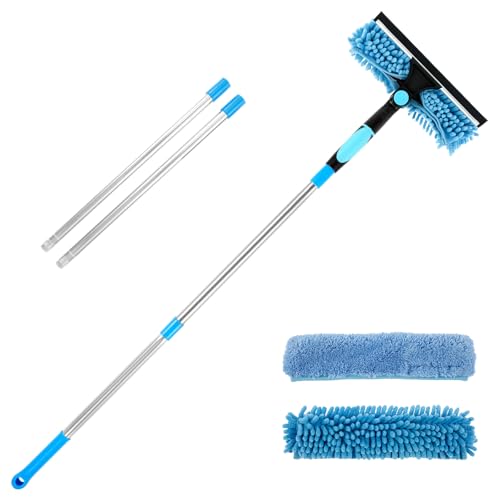 Squeegee for Window Cleaning Scrubber and Rotating Head Squeegee Window Cleaner Tool Window Washing Kit with Long Handle Window Cleaning Kit for Shower Glass Mirror Car (Blue)