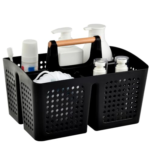 Portable Shower Caddy Basket with Wood Handle, 3-Compartment Bathroom Organizer Tote with Drain Holes, Plastic Shower Basket for Dorm, Toiletries, Cleaning Supplies, Black - color: Black