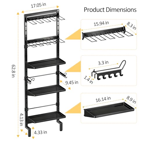 BUKFEN Garage Tool Storage Rack, Wall Mount 5-Tier Heavy Duty Metal Organizer with 8 Drill Holder Slots, Adjustable Shelves, Side Hooks Workshop Utility 1 Pack Black Vertical Space-Saving