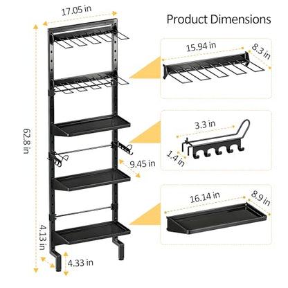 BUKFEN Garage Tool Storage Rack, Wall Mount 5-Tier Heavy Duty Metal Organizer with 8 Drill Holder Slots, Adjustable Shelves, Side Hooks Workshop Utility 1 Pack Black Vertical Space-Saving