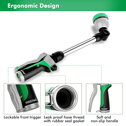 RESTMO Metal Watering Wand, Heavy Duty Garden Hose Wand with 180° Swivel Ratcheting Head, 16-Inch Hose Nozzle Sprayer with 7 Spray Patterns and Flow Control, Ideal to Water Hanging Baskets and Shrubs - color: Green