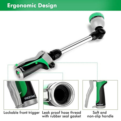 RESTMO Metal Watering Wand, Heavy Duty Garden Hose Wand with 180° Swivel Ratcheting Head, 16-Inch Hose Nozzle Sprayer with 7 Spray Patterns and Flow Control, Ideal to Water Hanging Baskets and Shrubs - color: Green