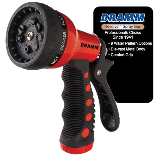 Dramm Revolver Heavy Duty Metal Garden Hose Nozzle – 9 Spray Patterns, High Pressure Jet, Thumb-Control Flow, Ergonomic Grip – Red - color: Red, style: 9-Pattern Revolver