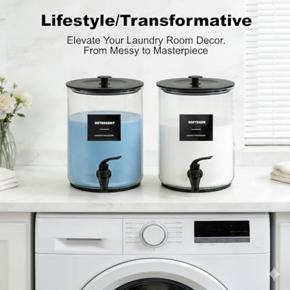 Glass Laundry Detergent Dispenser for Laundry Room Organization, 1 Gallon Large Liquid Soap Dispenser with Black Metal Lid & Leak-Proof Spigot, 2 Measured Cups, 2 Silicone Mats & 9 Labels (2, Black) - color: Black