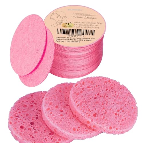 GAINWELL 50-Count Compressed Facial Sponge for Daily Facial Cleansing and Exfoliating, 100％ Natural Cosmetic Spa Sponges for Makeup Remover, Reusable, Pink - color: Pink, size: 50 Count (Pack of 1)