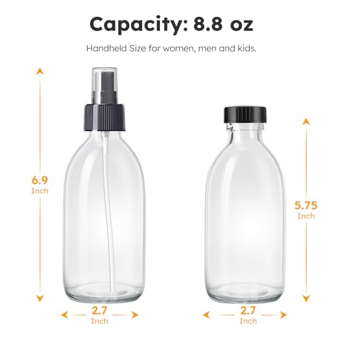 Tecohouse 2 Pack Glass Spray Bottles, 250ml Small Glass Bottles for Cleaning Solutions, Spray Bottles for Essential Oils, Plants, with Durable Nozzle, Labels, Funnel - Clear - color: 8.5 oz Clear-Black Lids